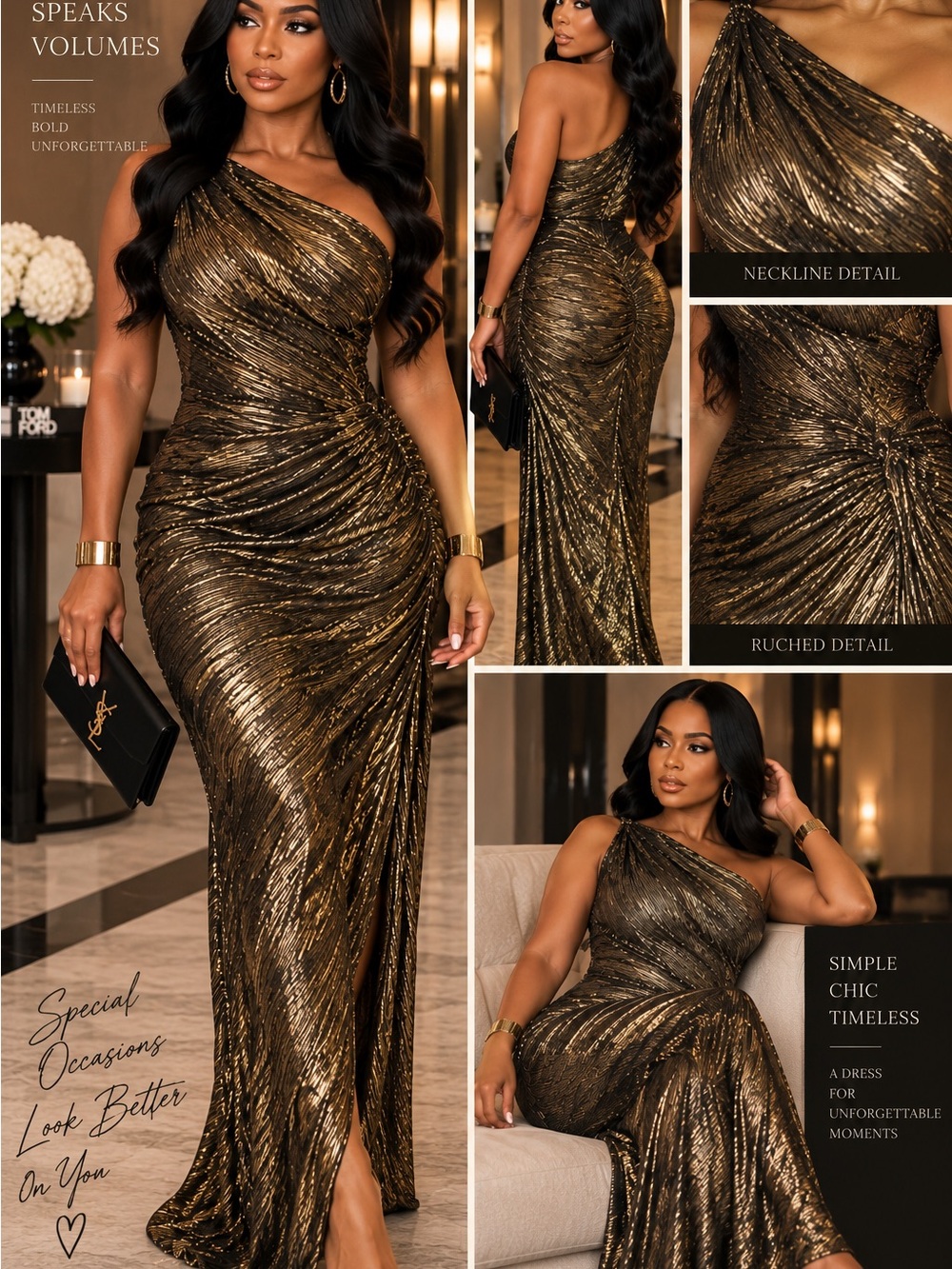 Metallic One-Shoulder Ruched Evening Gown - Gold
